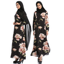 Primavera Verão quente vendendo mulheres abaya islâmica floral impresso vestido de chiffon tecido abaya dress